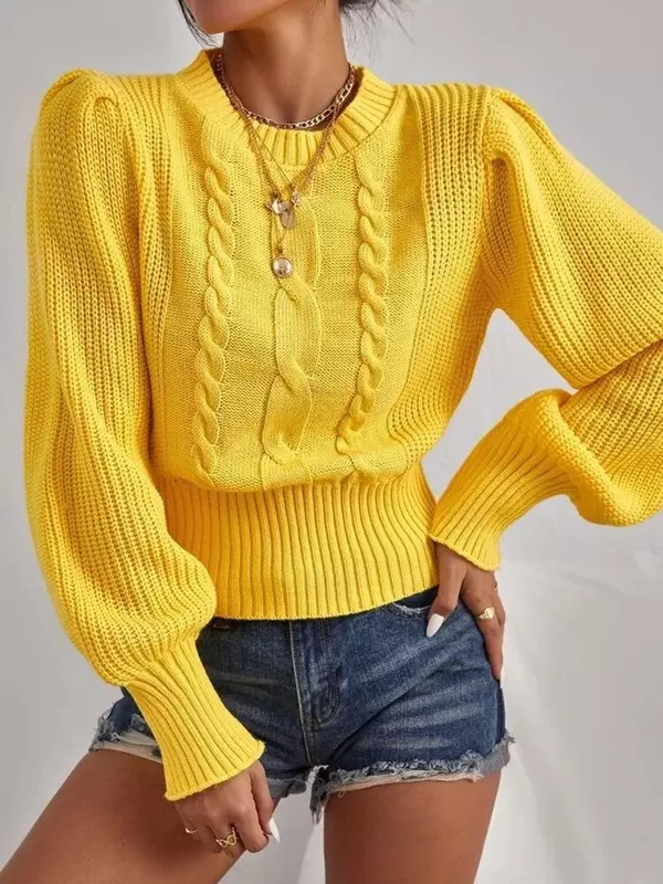 Fashion Sweater rajut wanita, musim gugur musim dingin lengan panjang Puff atasan dasar putaran hitam kasual wanita 2024