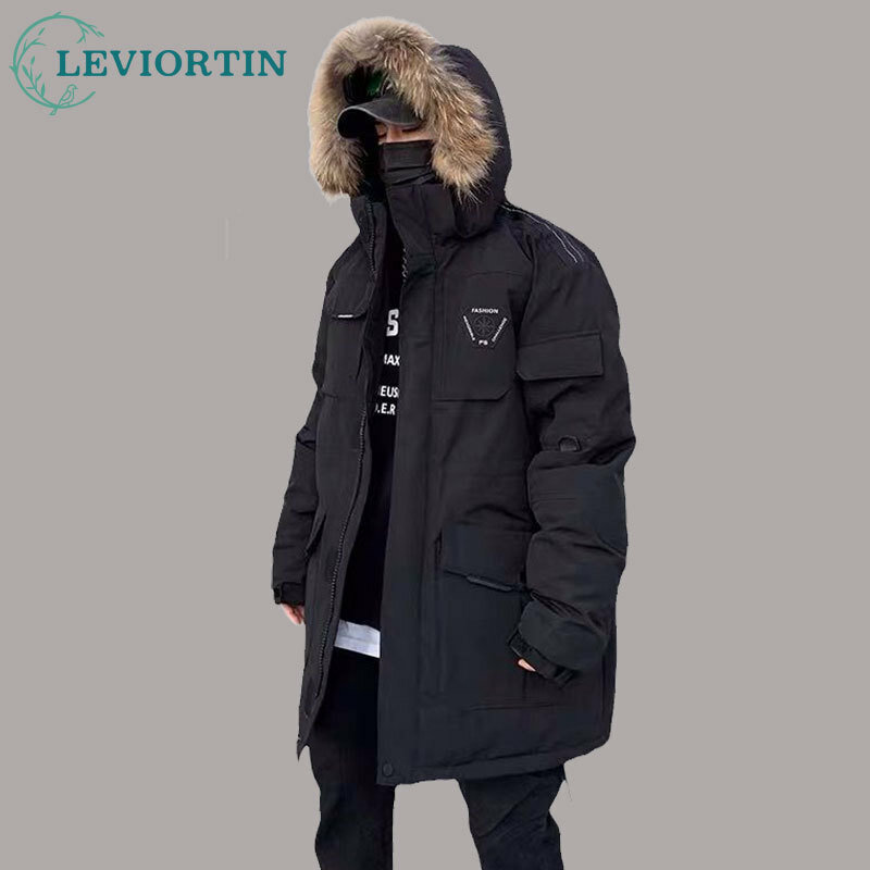 남성용 화이트 덕 다운 재킷, 카고 따뜻한 후드 두꺼운 퍼퍼 코트, 커플 고품질 오버코트, 보온 겨울 파카 스트리트웨어