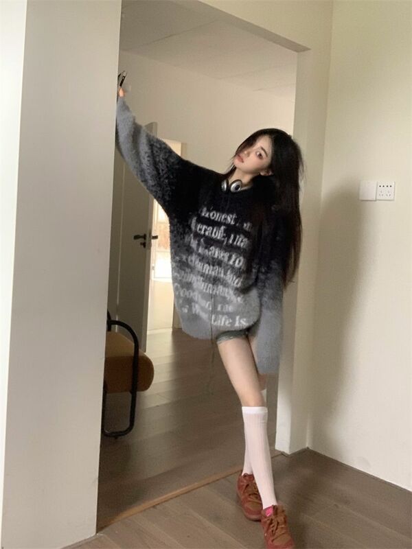 Vintage Gradient Letter Knitwear Women's Autumn Lazy Loose Soft Glutinous Maillard Sweater Long Sleeve Pullover Top