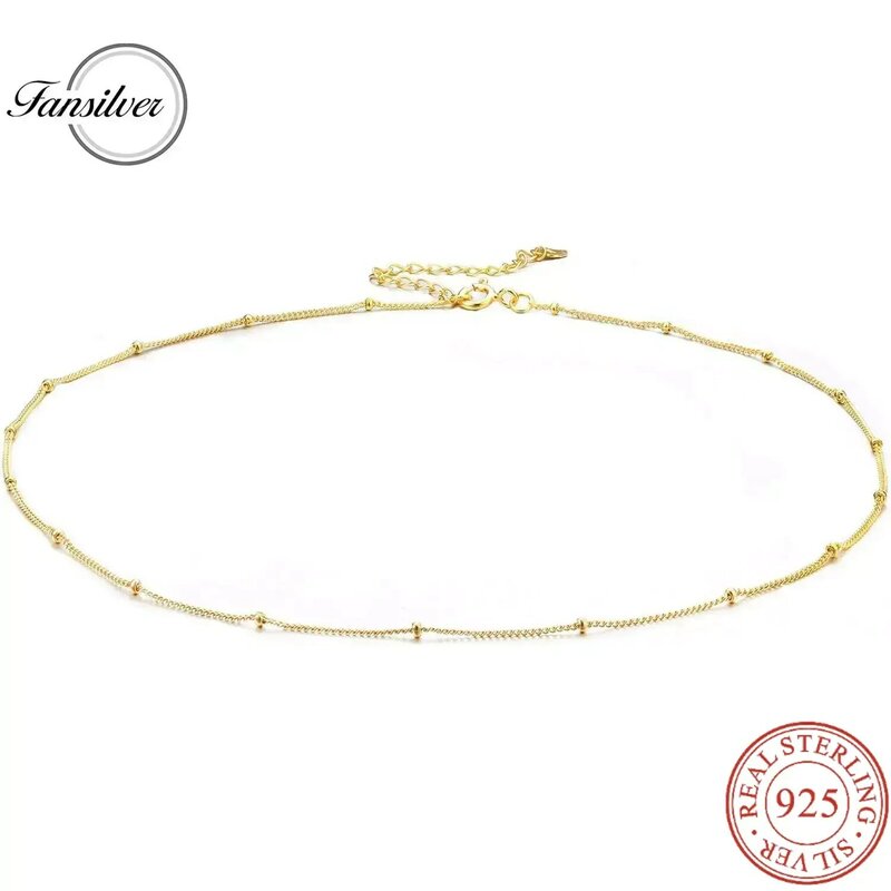 Fansilver kalung perak Sterling 925 18K, kalung Choker lapis emas atau emas putih, perhiasan trendi rantai Link minimalis