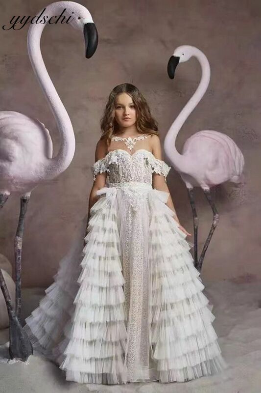 결혼식을 위한 절묘한 흰색 꽃 소녀 드레스, 오프 숄더 레이스 아플리케, 어린이 생일 파티 첫 영성체 가운, 2023