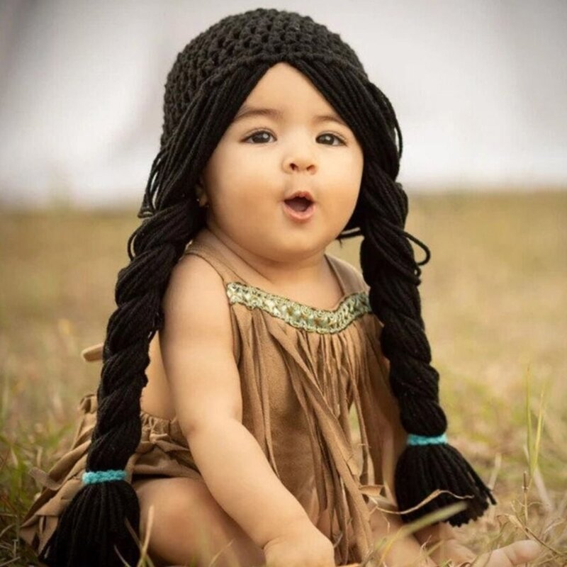 Gorro tejido con peluca para bebé, hecho a mano para niños pequeños, gorro tejido de lana con trenzas dobles, accesorios para a