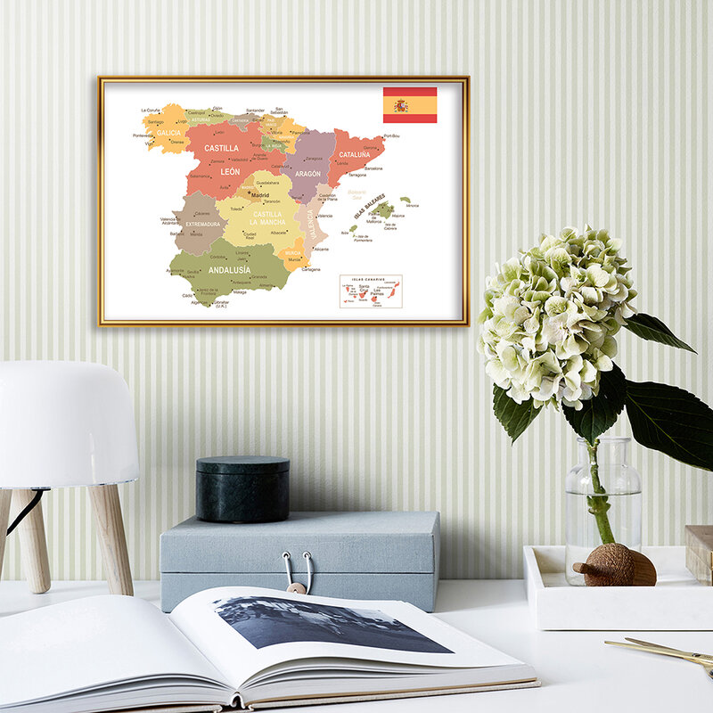 Pintura Decorativa del mapa de España en español, póster de arte de pared, lienzo en aerosol, decoración del hogar, suministros escolares de viaje, 59x42cm