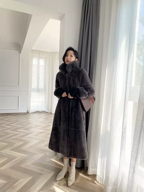 Jaqueta feminina de pele de coelho rex real de alta qualidade, outono inverno, longa, de grandes dimensões, casacos quentes para mulheres, roupas zjt1670