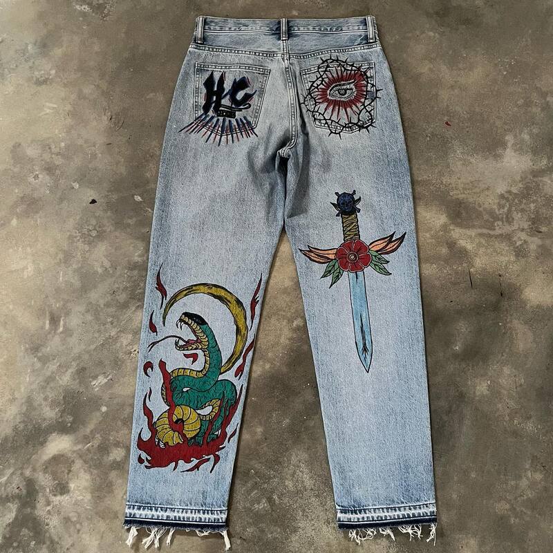 Джинсы-багги в стиле хип-хоп с принтом аниме Death, джинсы в стиле Харадзюку, брюки из денима Y2k, женские и мужские готические Широкие штаны с высокой талией
