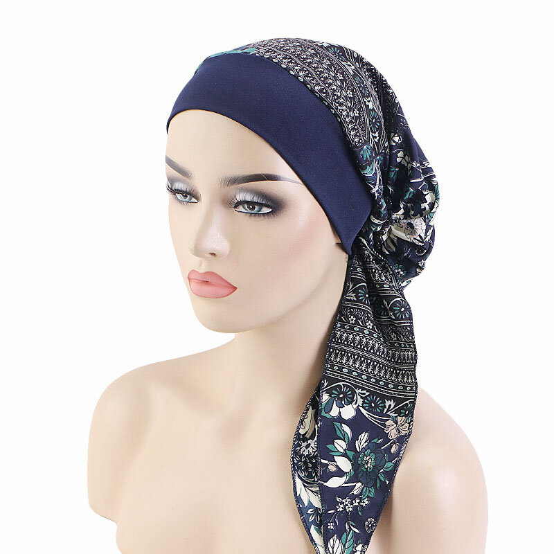 Turbante estampado com flores para mulheres Hijab muçulmano, Caps de quimioterapia cancerígeno, chapéu pré-amarrado, gorro, lenço de cabeça elástico, novo headwear