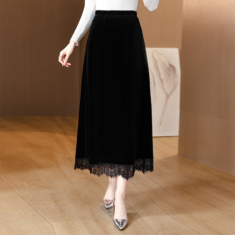 Осень/Зима 2023, новинка, черная шелковая бархатная юбка в стиле Хепберн, широкая кружевная приталенная ретро-юбка до колен