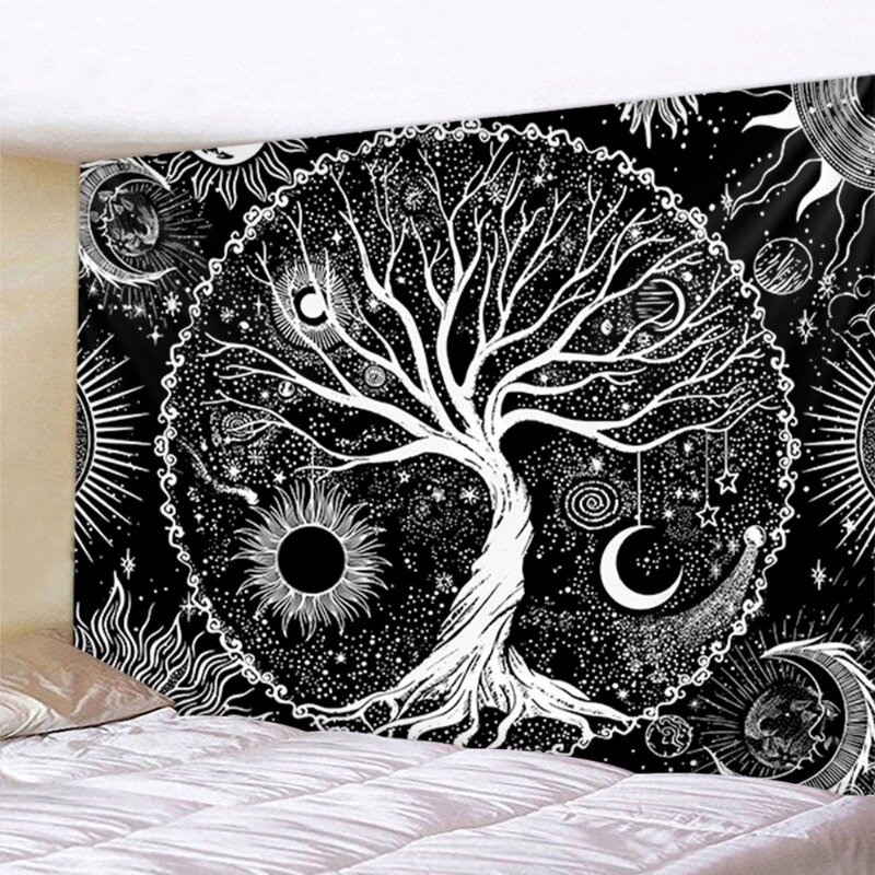 Tapiz de árbol de la vida, colgante de pared psicodélico, Luna Negra y sol, estética mística para sala de estar y dormitorio