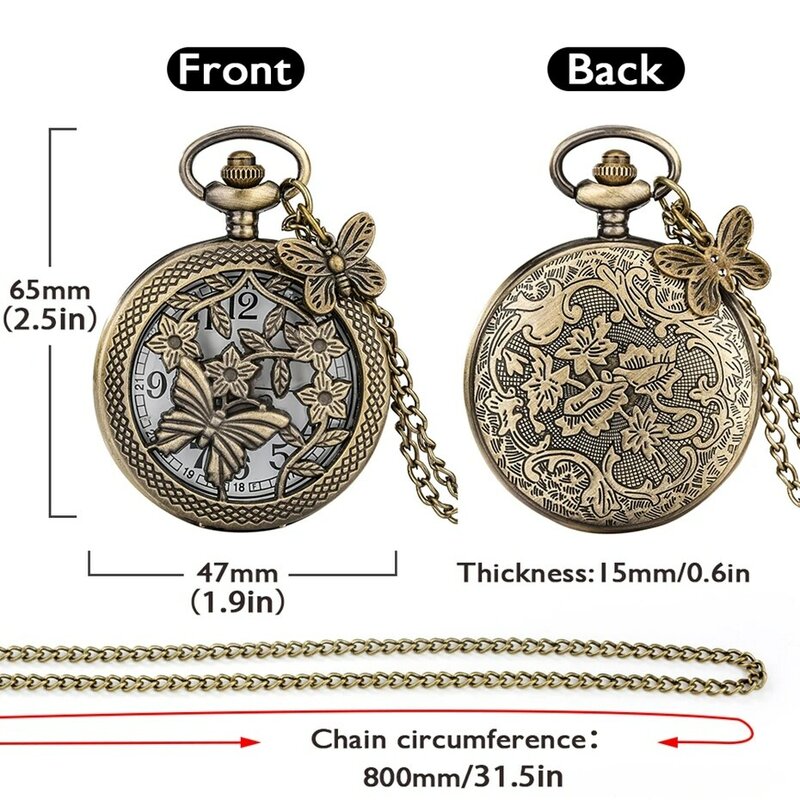 Retro bronze borboleta e flor colar relógio de bolso de quartzo corrente oco pingente fob relógios relógio com borboleta acessório