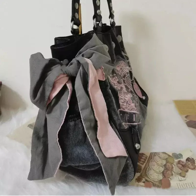 Bolsa de ombro de veludo bordado vintage para mulheres, sacolas rosa, bolsas grandes, bolsas de grife góticas, vintage luxuoso, preto, Y2K