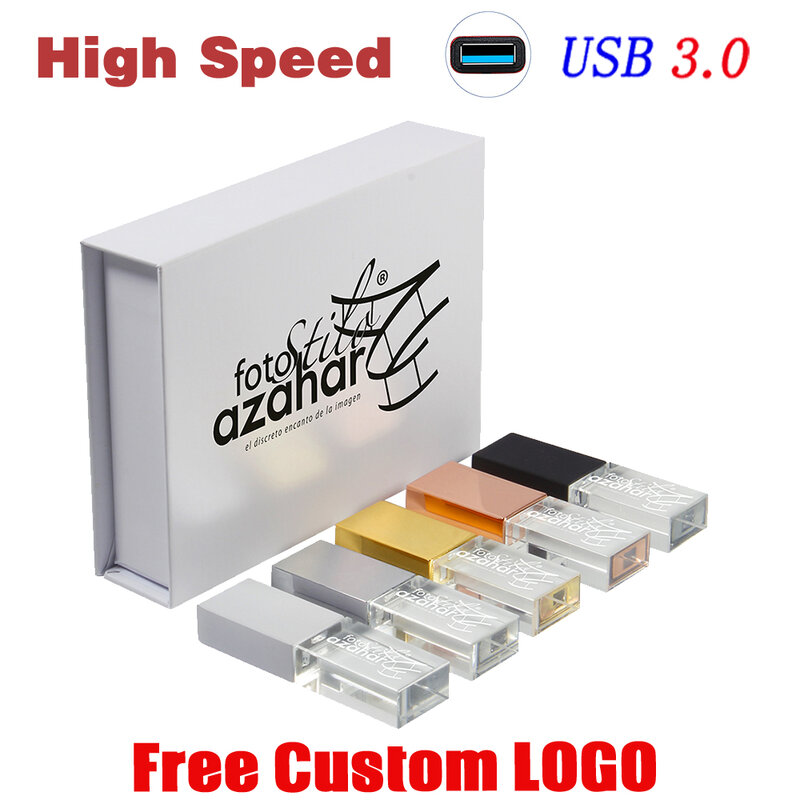 Caja de papel blanco de alta velocidad + unidad Flash USB de cristal, Pen Drive con logotipo personalizado gratis, 32GB, regalo de boda, Memory Stick, 16GB, 8GB, 4GB, 64GB