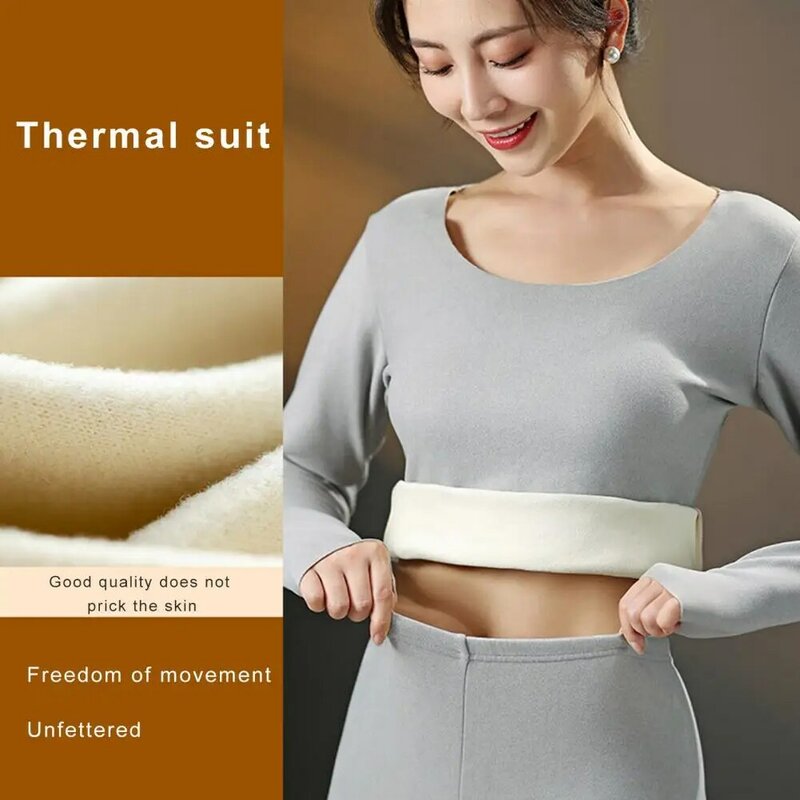 2 Pcs/Set Women Top Pants Set Seamless Thick Plush Thermal Soft Warm Elastic Waist Long Sleeves Bottoming Clothes Set