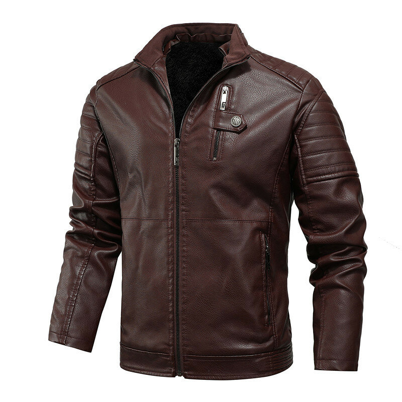 Мужские пальто из искусственной кожи MY223, Байкерская утепленная флисовая верхняя одежда, мотоциклетная зимняя мужская кожаная куртка на молнии с воротником-стойкой