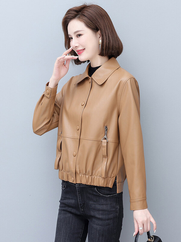 New Women Leather Jacket Autumn Winter Fashion Casual Turn-down Collar Plus Cotton Liner Short Sheepskin Coat Slim Outerwear