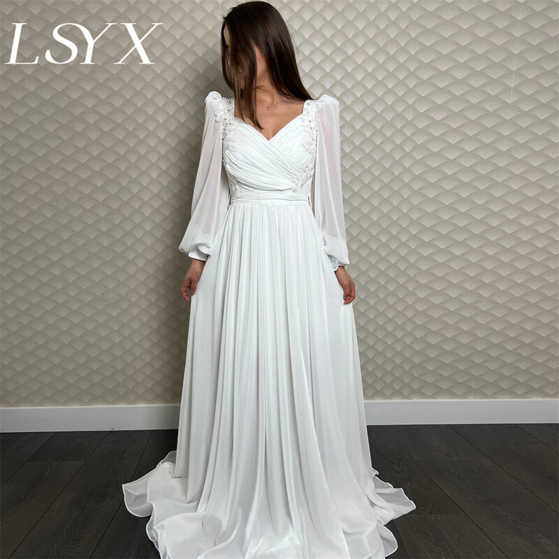 Lsyx ชุดเดรสยาวคอวีสำหรับเจ้าสาวผ้าชิฟฟ่อนผ้าปะติดจีบชุดแซกแต่งงานชุดเจ้าสาวทรงเอไลน์สั่งทำได้