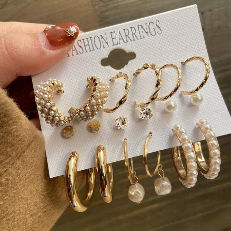Модный комплект серег-подвесок с золотым жемчугом, Женские Геометрические серьги-кольца со звездой и длинной цепочкой, позолоченные ювелирные изделия