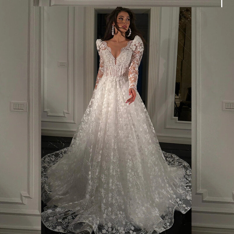 Sheer Neck Appliques Lace Tulle A-line Wedding Dress for Women Long Illusion Sleeve Court Wedding Bridal Gown vestidos de novia