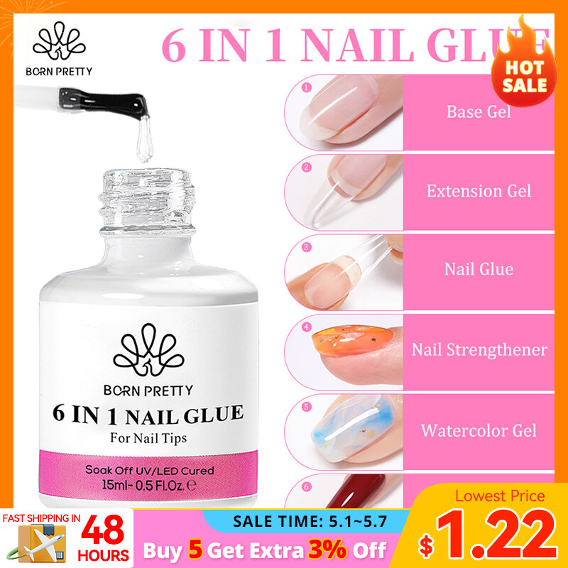 BORN PRETTY 15/10ML 6 IN 1 Nail Glue Gel for Acrylic Nails Soak off Base Gel Top Coat UV Extension Nail Gel False Nail Tips Gel