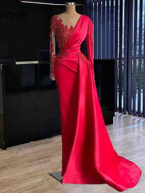 Gaun malam wanita, gaun malam merah putri duyung elegan lengan panjang gaun Prom putri stiker renda mode pesta selebriti jubah Vestidos