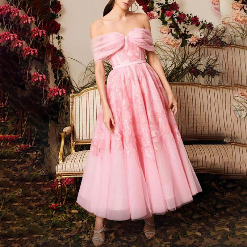 A-Line Off Shoulder Sweetheart Tulle Foldover Tonal Waistband Sequined Motif Tea Length Hem Prom Dress