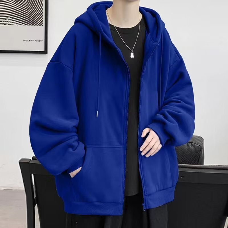 Fashion 5XL ukuran besar bulu Zip-up Hoodie untuk pria warna Solid kantong kaus longgar pasang Hoodies pakaian pria