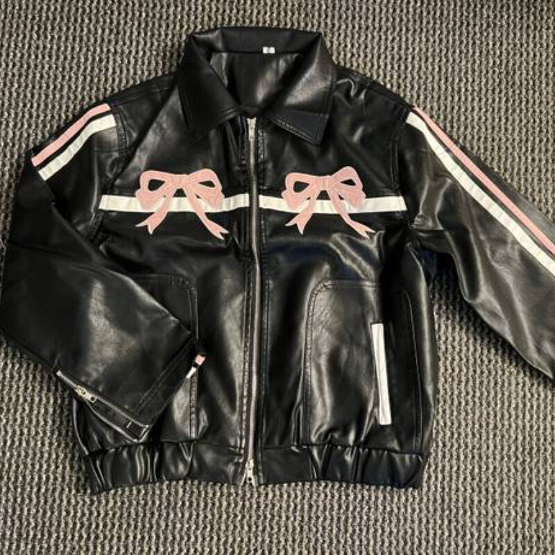Jaket kulit pita merah muda manis dan keren dengan desain seksi, jaket ritsleting kerah high-end, jaket longgar retro Harajuku
