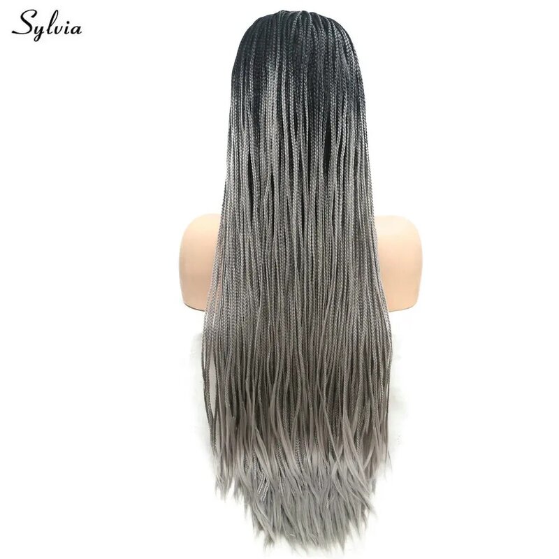 Sylvia Black Roots Ombre Gray Lace Front Braided Wig for Women Synthetic Fiber Soft Box Braid Wigs Natural Looking for Daily Use