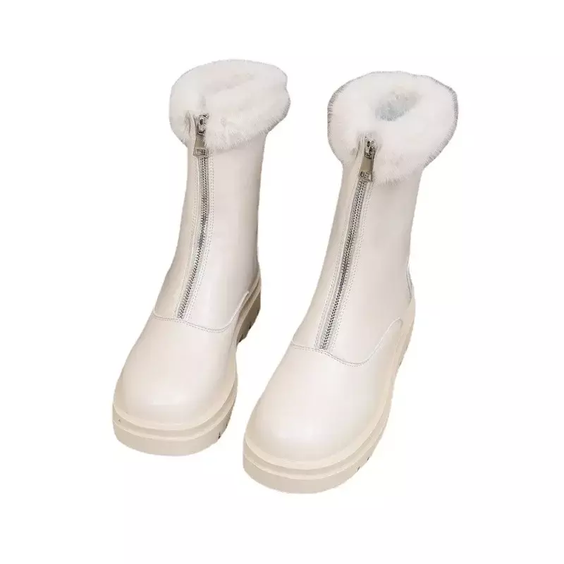 Женские ботинки на молнии спереди, однотонные плюшевые теплые непромокаемые короткие ботинки на платформе с круглым носком, зима 2023