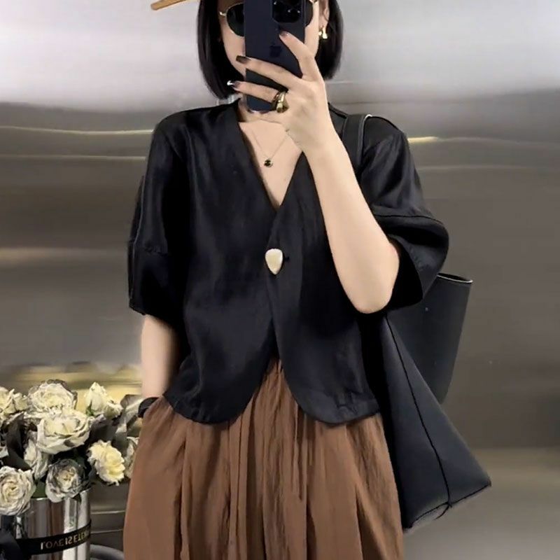 女性用半袖トップス,Vネック,ランタンスリーブ,カジュアルなサマージャケット,韓国のファッションコート,新品