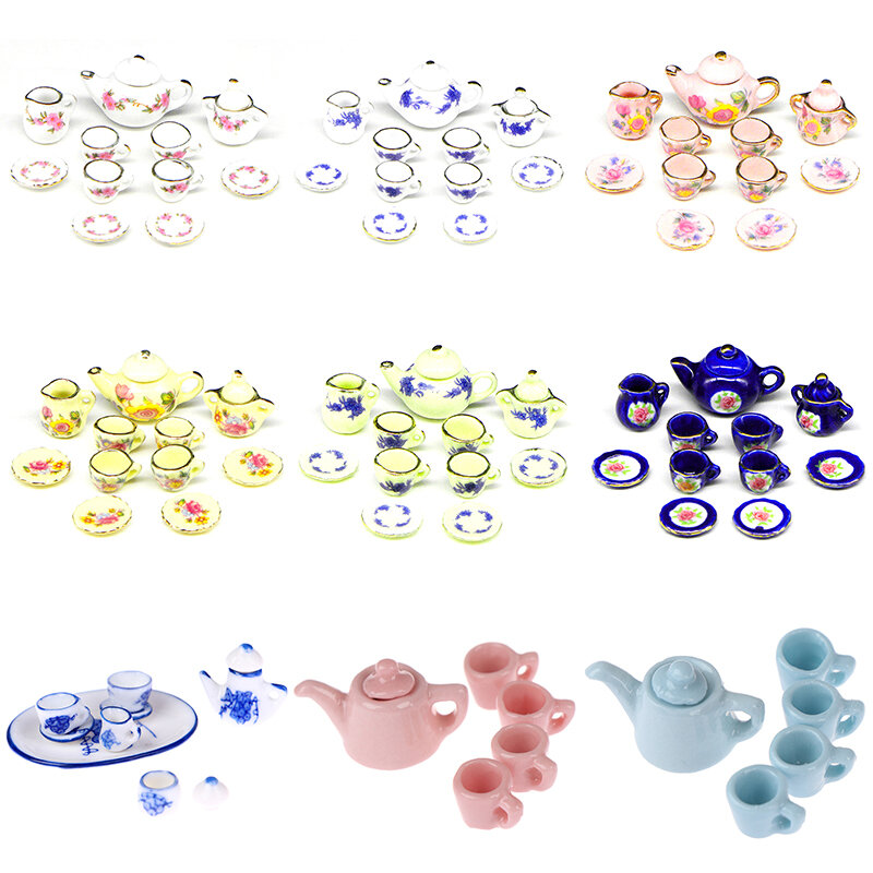 Dollhouse Miniature Porcelain Tea Cup Set para crianças, Flower Louça, Brinquedos para móveis de cozinha, 1:12