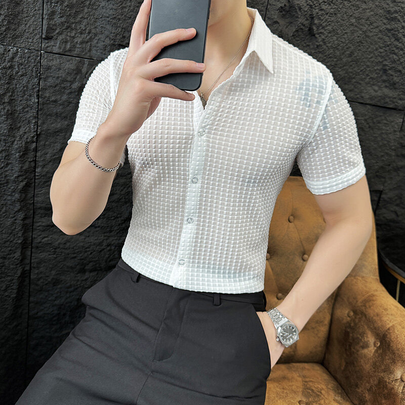 New Style Men's Summer Casual Short-sleeved Shirts Male Slim Fit Fashion Plaid Business Dress Lapel Shirt Brand Clothing 4XL-M