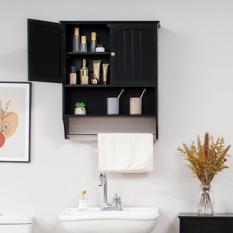 Szafka ścienna do łazienki z drzwiami i regulowana półka, szafka łazienkowa do montażu na ścianie, szafka na leki do łazienki, czarny, drewno