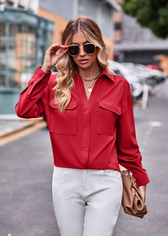 Women's Spring Autumn Plain Casual Loose Long-sleeved Shirt Coat 2023 Women's Casual Pocket Fashion Office Shirt Tops Chemise