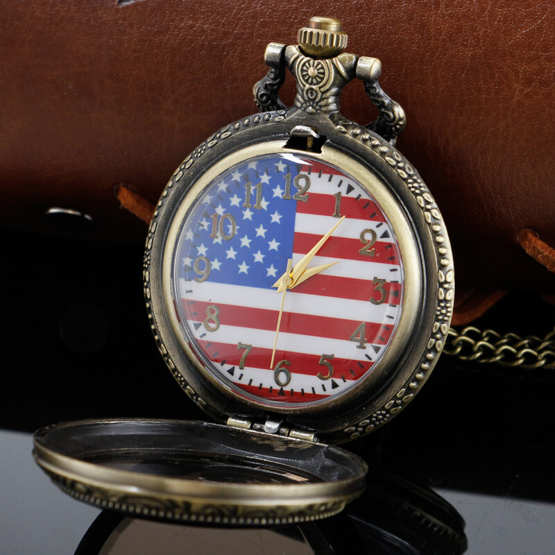 American Flag Pattern Fashion Roman Digital Quartz Steam Punk Pocket Watch Men's and Women's Necklace Pendant with Chain Gift