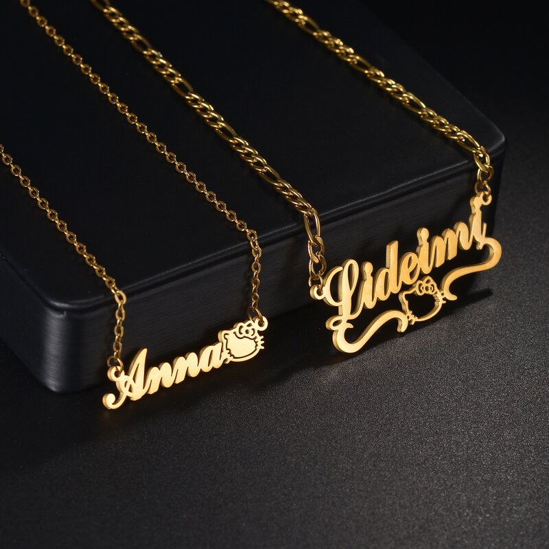 Custom Name Necklaces Cartoon Cat Zircon Pendant Stainless Steel Jewelry Personalized Thick Chain for Women Mother's Day Gift
