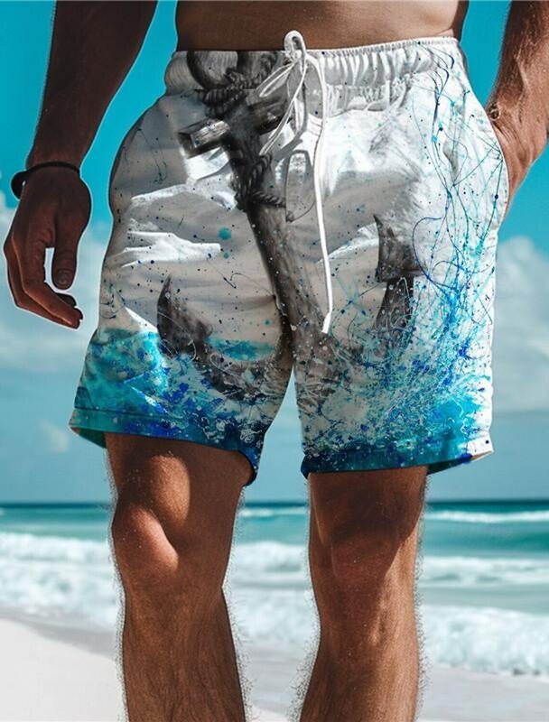 Kotwica Męskie kurortowe spodenki plażowe z nadrukiem 3D Kąpielówki Elastyczny sznurek Klasyczny rozciągliwy krótki styl hawajski Wakacyjna plaża