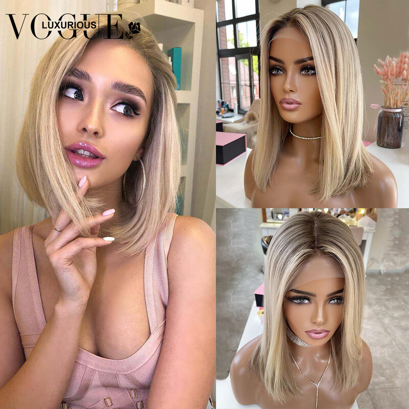 Ombre Ash Blonde Glueless Human Hair Frontal Wig 13x4 Short Bob Pixie Cut Wig Transparent Lace Front Wigs Pre Plucked Brazilian