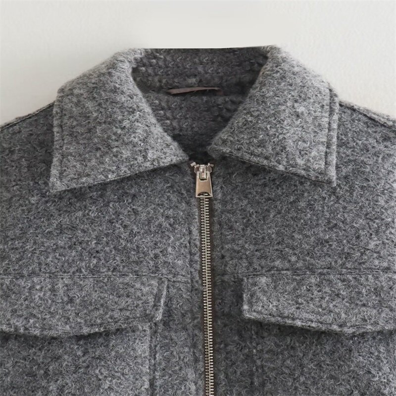 MESTTRAF-abrigo corto de lana con solapa y cremallera para mujer, abrigo elegante de manga larga con bolsillos, color gris, cálido, Otoño, 2023