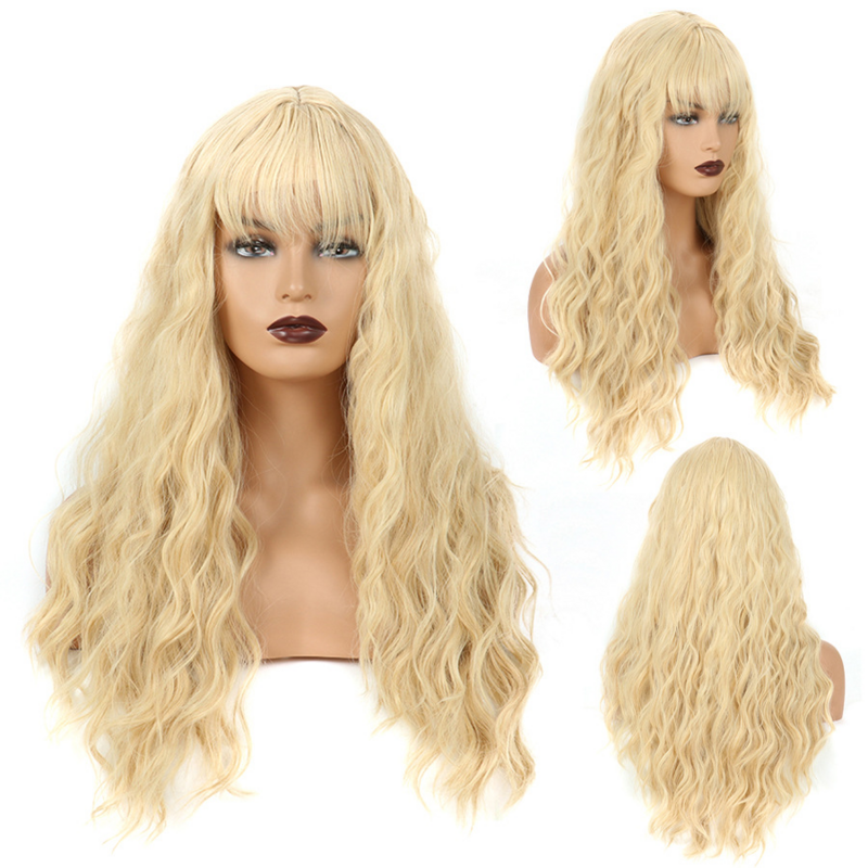Parrucche lunghe sintetiche Similler per le donne parrucca per uso quotidiano in oro con capelli ricci resistenti al calore con frangia Pelucas