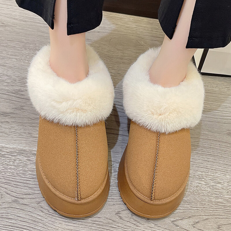 Zapatillas de algodón con plataforma gruesa para mujer, zapatos cálidos de felpa gruesa con tacón plano, de piel, de gamuza sintética esponjosa, novedad de invierno, 2023