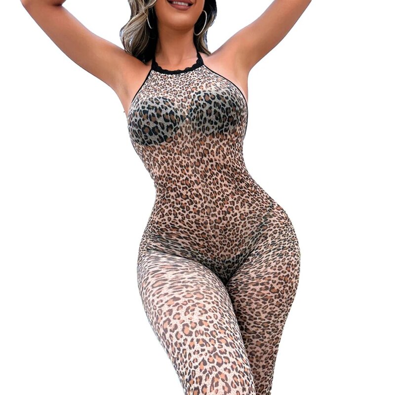 Macacão sexy com estampa de leopardo feminino, lingerie com gola cabeçada, ultrafino, roupa de dormir sem encosto, bodysuit erótico respirável