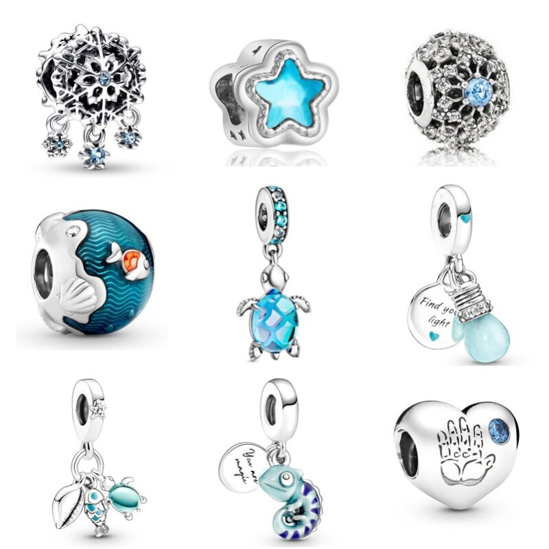 Cuentas colgantes de la serie azul claro chapadas en plata para Pandora, collar, pulsera, llavero, joyería fina DIY, regalo del Día de la madre