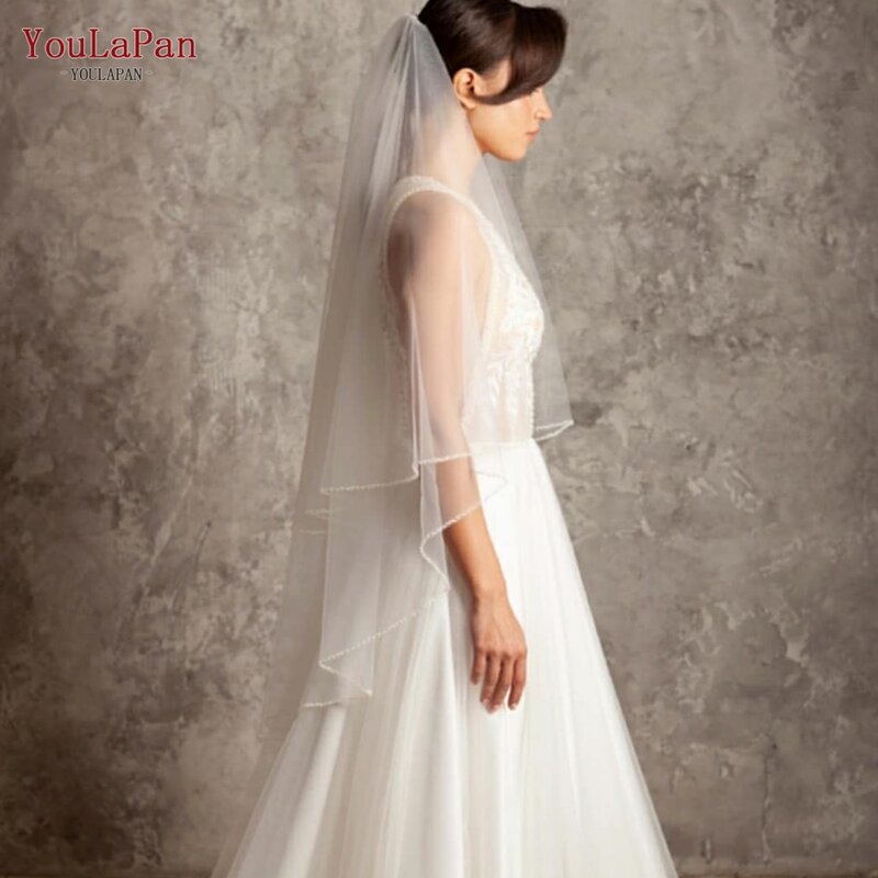 Youlapan-frisada Crystal Edge Véu do casamento, Bridal Veils Tampa, comprimento da ponta do dedo, 2 camadas, frente e verso Royal Sequins, luxo, V121