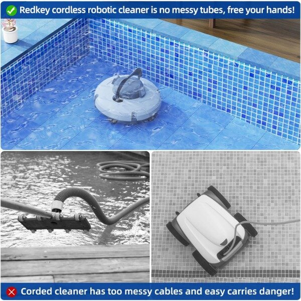 Redkey เครื่องดูดฝุ่นหุ่นยนต์ไร้สายสระว่ายน้ำ, เครื่องดูดฝุ่นสระว่ายน้ำอัตโนมัติใช้เวลา120นาทีในการดูดแรงสูง
