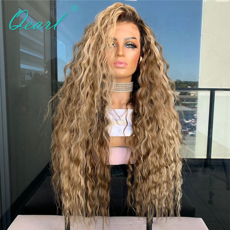 Real Human Hair Full Lace Wig Deep Wave Curly Lace Frontal Wigs for Women Ashy Brown Blonde13x6 Brazilian Remy Hair 150% Qearl