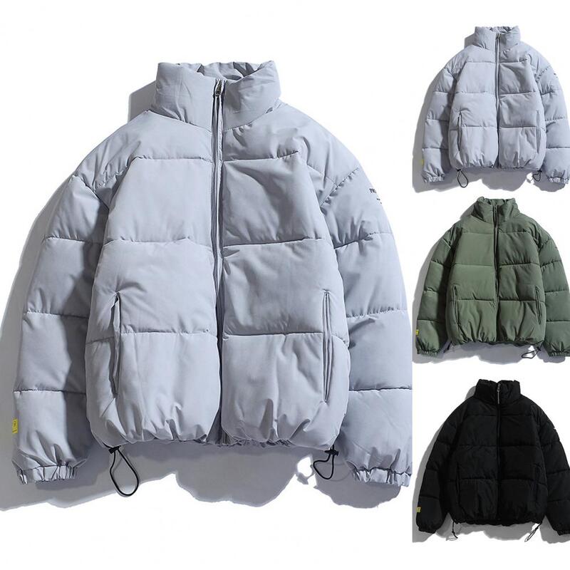 Casaco de algodão com cordão com zíper gola sólida acolchoado à prova de frio bolsos de proteção de pescoço masculino casaco de inverno para exterior
