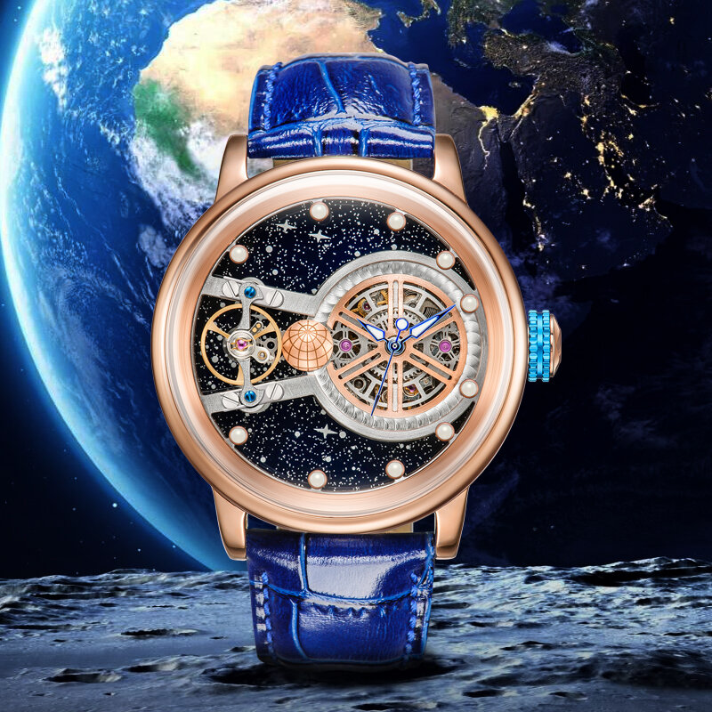 Zhanboro luxuri man starry sky腕時計男性用機械式時計地球テーマデザイン自動巻きマンウォッチハーレンホーン