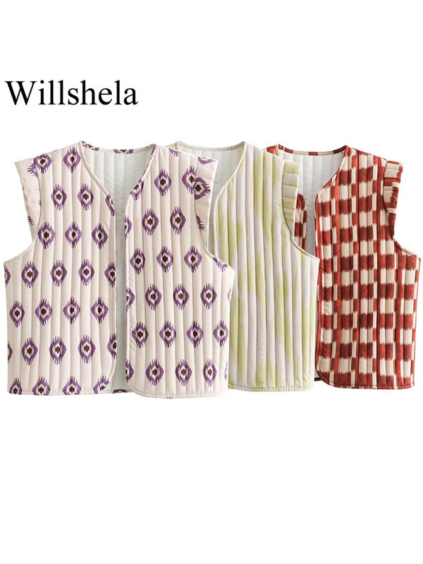 Willshela sin mangas estampada-Chaqueta para mujer, chaleco Vintage con cuello en V, camisetas sin mangas elegantes para mujer
