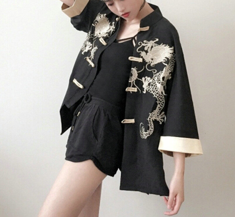 Camisa China Retro negra para mujer, ropa informal bordada, estampado