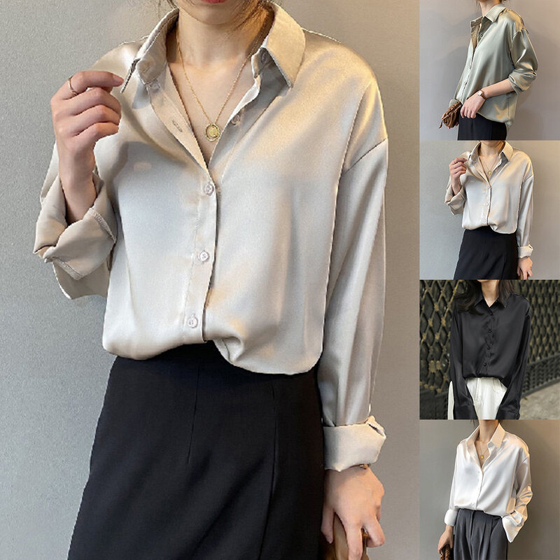 Женская свободная рубашка с длинным рукавом, блузка в стиле ретро, уличная одежда, топы, модная однотонная Дамская рубашка на пуговицах с лацканами, весна-осень